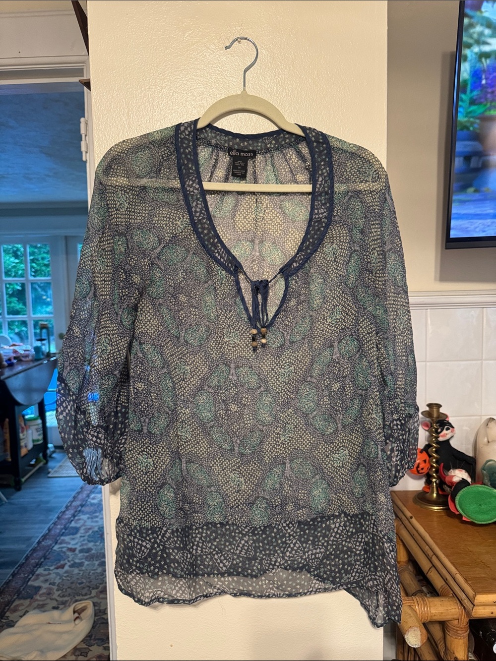 ELLA MOSS Blue/Teal Sheer Paisley Tunic Blouse size Medium